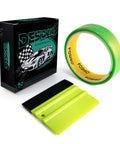 3-piece FOSHIO vinyl wrap kit: 50m neon green wrap roll with lime-yellow felt squeegee and box