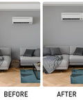 Before and after sofa setup showing Lock It Down Heavy Duty Sofa Connectors For Sectional Couches used to stabilize furniture.