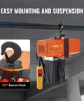 VEVOR electric chain hoist in orange, 1100 lb capacity, featuring 360° swivel hook and wired remote control.