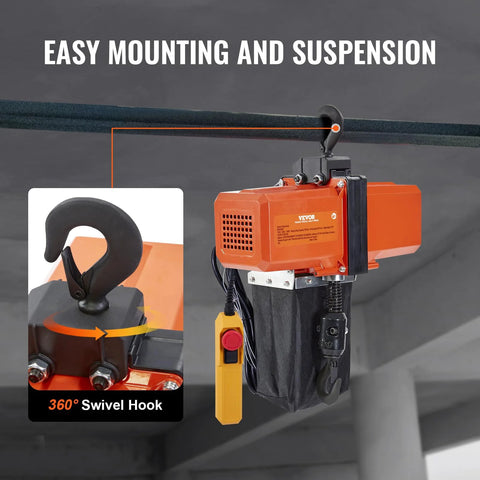 VEVOR electric chain hoist in orange, 1100 lb capacity, featuring 360° swivel hook and wired remote control.