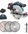 Heavy Duty Brushless Cordless Circular Saw With Twenty Volt Max Motor Cuts Lumber Like A Boss accessories including battery, charger, and two blades.