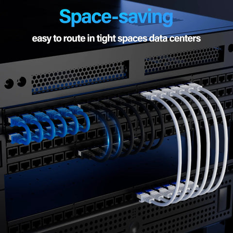 Shielded Cat6A Ethernet Cable 10Gbps 50 Ft Slim F/UTP Bare Copper 28AWG installed on server rack in data center