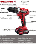 Beastly 21V Brushless Cordless Drill Kit With Two 2.0Ah Batteries And Charger, 3/8-Inch Keyless Chuck, side view with features labeled.