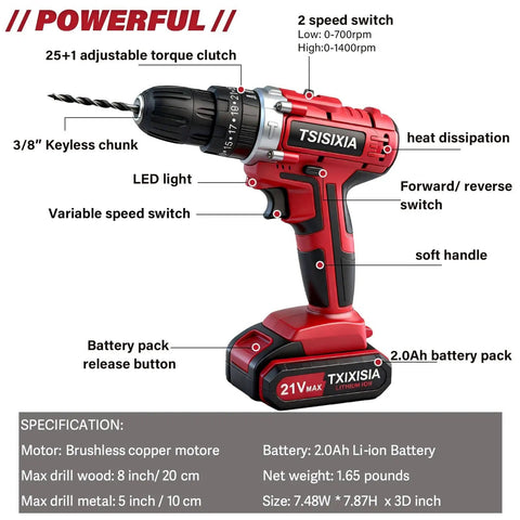 Beastly 21V Brushless Cordless Drill Kit With Two 2.0Ah Batteries And Charger, 3/8-Inch Keyless Chuck, side view with features labeled.