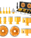 Get Your Renovation Done Right With This Badass 14 Pc Diamond Tile Hole Saw Kit Including Sizes From 6 Mm To 100 Mm Plus Chamfer Bits And Heavy Duty Diamond Blade For Smooth Drilling In Marble Ceramic And Porcelain Tile No Sweat Guaranteed. Image showing 14 piece diamond tile drill set, including various sizes and chamfer bits.