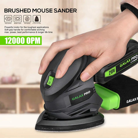 Cordless Detail Sander Kit With 20V Battery And Charger Included, 12000 RPM, Dust Collection System in use on surface