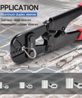 Pro Grade Wire Rope Crimping Tool For Aluminum Oval And Double Sleeves, 3/64 To 1/8 Inch Crimps shown on wire mesh with sleeves