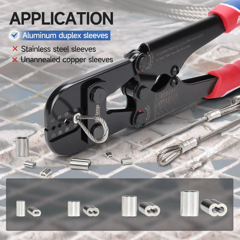 Pro Grade Wire Rope Crimping Tool For Aluminum Oval And Double Sleeves, 3/64 To 1/8 Inch Crimps shown on wire mesh with sleeves