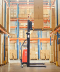 Heavy Duty 3300 Lbs Semi-Electric Pallet Stacker With 98 Inch Mast Lift Height Adjustable Forks For Warehouses in a warehouse aisle.