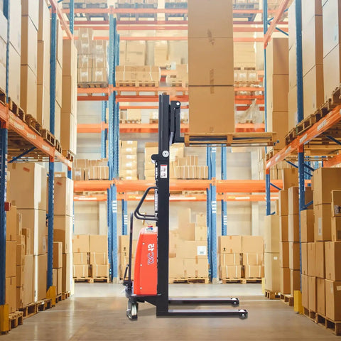 Heavy Duty 3300 Lbs Semi-Electric Pallet Stacker With 98 Inch Mast Lift Height Adjustable Forks For Warehouses in a warehouse aisle.