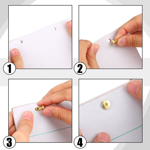 Instructions for using 80 Sets Chicago Screw Leather Kit For DIY Crafts on a white material with gold binding screws