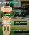 Solar Torch Lights With Realistic Flickering Flame For Patio Path Yard 8 Pack Outdoor Decor LED Lanterns Weatherproof Garden Lights No Brainer Setup Solar Powered product details with poly panels, rechargeable battery, dynamic LEDs, bamboo texture.