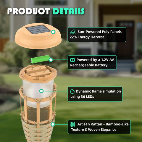 Flickering Flame Solar Torch Lights Set Upgraded Waterproof Outdoor Decorative Lighting with bamboo-like texture details.