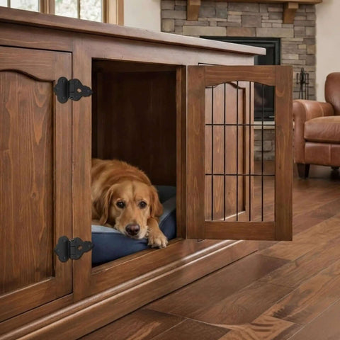 Dog in wooden cabinet with eight pack 3/8 inch offset cabinet hinge set in antique black powder coat for doors, cabinets, and wardrobes.