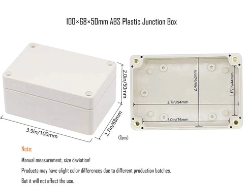 2-Pack Weatherproof Outdoor Junction Box Set, IP65 ABS Plastic Enclosures in Gray-White, 100x68x50mm, dimensions shown