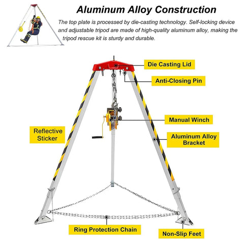 Heavy Duty Pulley Hoist Aluminum Rescue Tripod Worksite Ready Lift Kit with labeled construction details and winch system