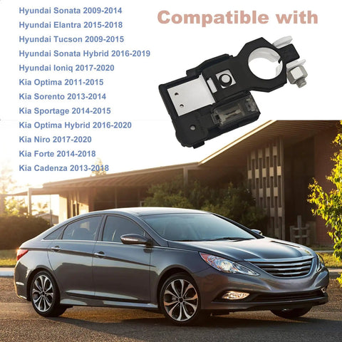 180 Amp Battery Fusible Fuse B With Positive Terminal For Hyundai Sonata Elantra Tucson Ioniq And Kia Optima Sorento Sportage Niro Forte Cadenza, displayed with compatible Hyundai car models in background.
