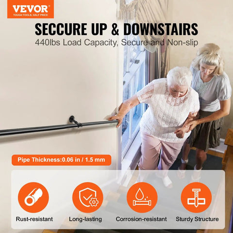 Rock Solid Six Foot Carbon Steel Staircase Handrail With Heavy Duty Wall Mounts Job Site Grade Industrial Pipe Railing Supports Four Forty Pounds Clean Rounded Edges Shop Ready For Porch Or Deck, installed on wall with user support.