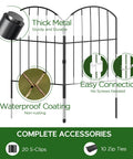 Garden Fence Set No Dig Rustproof Metal Panels shown with connections, waterproof coating, and accessories like S-clips and zip ties.