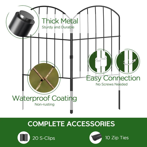 Garden Fence Set No Dig Rustproof Metal Panels shown with connections, waterproof coating, and accessories like S-clips and zip ties.