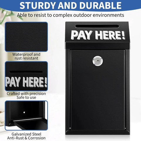 Front view of black metal donation box with lock, pay here sign, and cash slot for wall mount, 10.2 x 5.6 x 2.9 inch, durable steel.