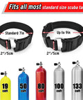 Two Pack Scuba Tank Holder Straps With Adjustable Webbing Belt And ABS Cam Buckles for tanks up to 9 inches shown with tank sizes.