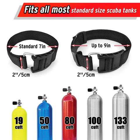 Two Pack Scuba Tank Holder Straps With Adjustable Webbing Belt And ABS Cam Buckles for tanks up to 9 inches shown with tank sizes.