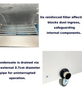 Heavy Duty Portable Industrial Spot Cooler Packs Nasty Cold Air For Sweatboxes And Warehouses With A Solid 51000 Btu Punch, showing filter and condensate drain.
