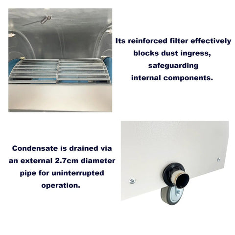 Heavy Duty Portable Industrial Spot Cooler Packs Nasty Cold Air For Sweatboxes And Warehouses With A Solid 51000 Btu Punch, showing filter and condensate drain.
