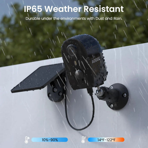 Outdoor Wireless Security Camera Kit With 2.4GHz WiFi Battery Power Solar Panel Color Night Vision AI Motion Detection SD Card Or Cloud Storage Works With Alexa And Smart Home, mounted on white wall in rain; weather-resistant design.