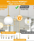 Comparison of Two Pack Brushed Gold Globe Pendant Lights With Mid Century Modern Vibes showing size differences and compatibility with bulbs.