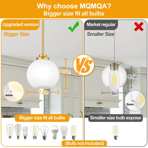 Comparison of Two Pack Brushed Gold Globe Pendant Lights With Mid Century Modern Vibes showing size differences and compatibility with bulbs.