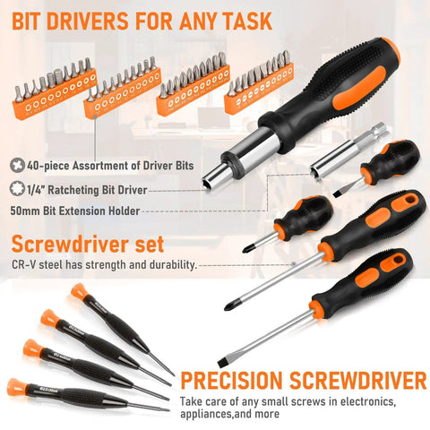 207 Piece Portable Home Repair Tool Kit For DIY Enthusiasts And Handymen With A 13 Inch Wide Mouth Storage Tool Bag screwdriver set