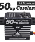 Waterproof RC Servo with 50kg Torque, aluminum case, coreless motor, shown from front angle