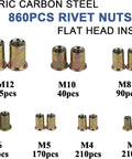 Rivet Nut Master Kit With 860 Piece Assortment And 13 Inch Gun Kit, M3 Through M12 Steel Rivet Nuts, sizes from M3 to M12 shown