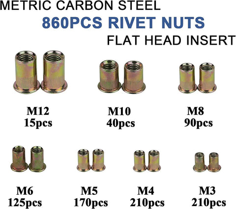 Rivet Nut Master Kit With 860 Piece Assortment And 13 Inch Gun Kit, M3 Through M12 Steel Rivet Nuts, sizes from M3 to M12 shown