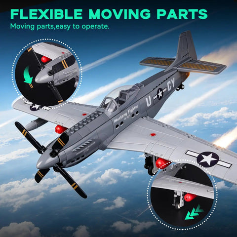 Flexible moving parts of P-51 Mustang Fighter Plane Model Kit With Display Stand One Twenty Six Scale 258 Piece Build