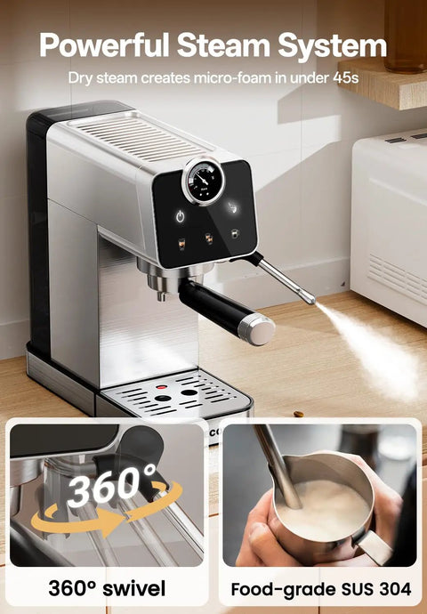 Kick The Coffee Shop Commute With This Slick Compact Espresso Brewer featuring a 360° swivel steam wand and brushed steel design.