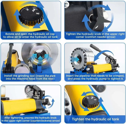 Solid Built Lightweight Manual Hydraulic Hose Crimping Tool Equipped With Seven Swappable Dies For Easy Peasy And Reliable High Pressure Tubing Field Projects controls and setup instructions.