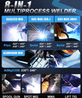 8 In 1 All In One Multiprocess MIG Welder For Home Shops 110V And 220V Dual Voltage with welding process close-ups