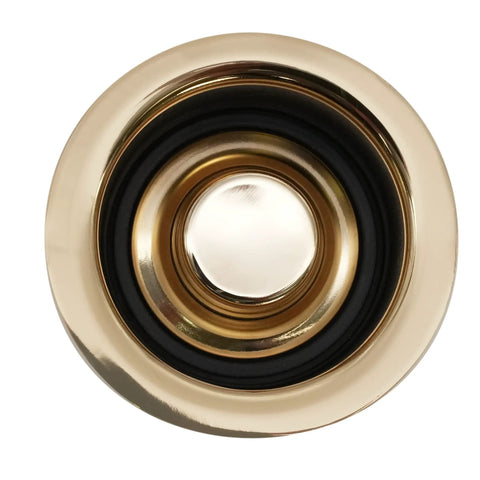 Post Style Large Kitchen Basket Strainer With Waste Disposal Flange And Stopper For Double Bowl Sinks Polished Brass Finish top view