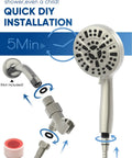 High Pressure Handheld Shower Head 5 Inch Spray Face, 10 Settings, 6 Zone Power, easy installation illustration.