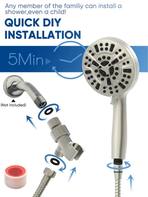 High Pressure Handheld Shower Head 5 Inch Spray Face, 10 Settings, 6 Zone Power, easy installation illustration.