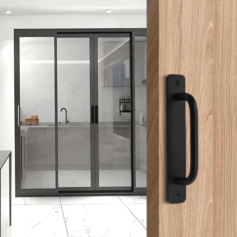 Front view of Black Barn Door Handle Set 2 Pack With 128mm Hole Center Sliding Cabinet Pulls, 5.83 Inch Length installed on a wooden door.