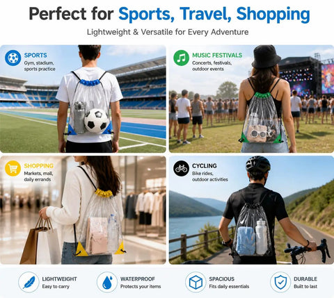 Various uses of Clear Drawstring Bags 4 Pack Stadium Approved See Through Backpacks for Concerts and Sports Events