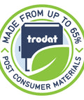 Eco-friendly certification logo showing No Hassle Self Inking Date Stamp Made From Up To 65% Post Consumer Materials.