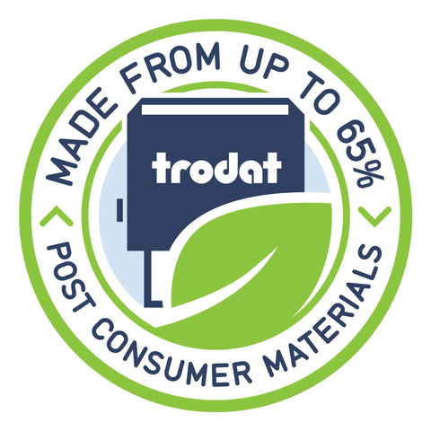 Eco-friendly certification logo showing No Hassle Self Inking Date Stamp Made From Up To 65% Post Consumer Materials.