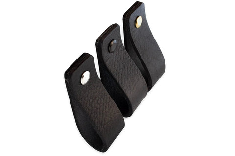 Black Leather Drawer Pulls 2 Piece Set Measuring 7 7/8 By 1 1/2 Inches Leather Handles For Cabinets And Dressers, textured finish close-up view