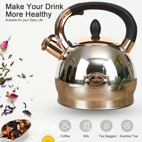Stainless Steel Whistling Tea Kettle With Encapsulated Bottom For Even Heat Distribution 2.8 Quart Quick Boil, Rust Resistant