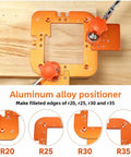 Rock Solid Aluminum Router Corner Radius Template With Bolt Down Fixing Clamp For Dead On Precise Woodworking Cut Lines R20 R25 R30 R35 close-up of positioner with sizes visible